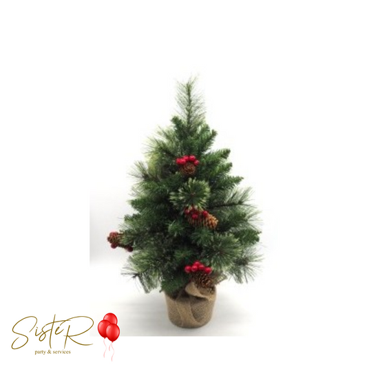 Albero di Natale "pino" altezza 60cm con bacche e pigne base juta