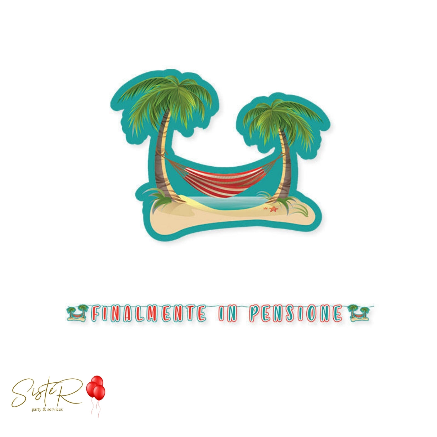 Festone “Finalmente in Pensione” – Tema Tropicale con Amaca
