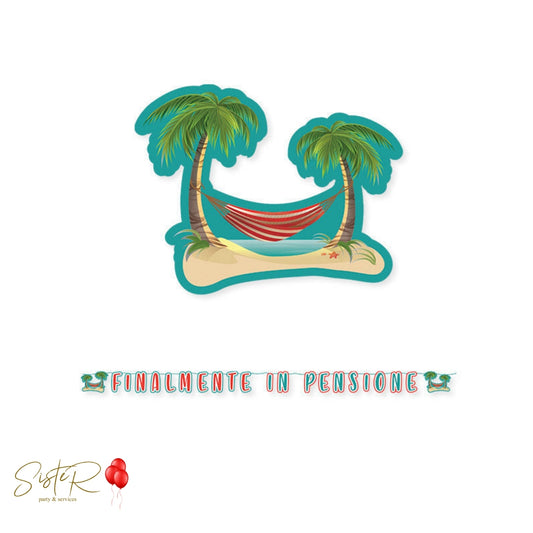 Festone “Finalmente in Pensione” – Tema Tropicale con Amaca