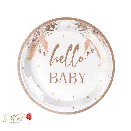 Piattini Carta “Hello Baby” 18 cm – Set 10 Piatti Dessert Baby Shower Neutro Elegante