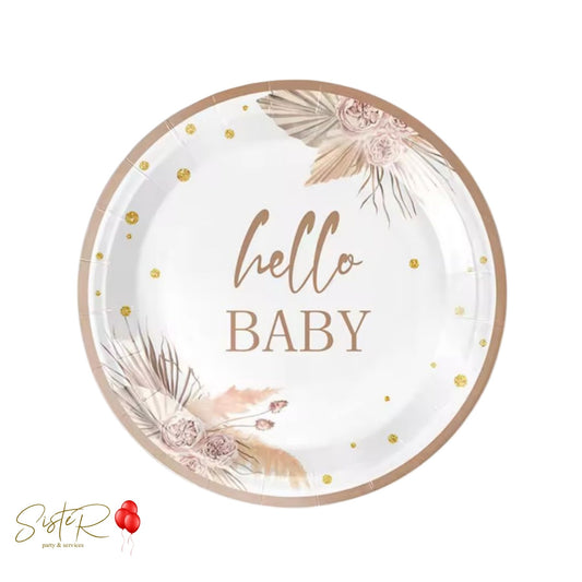 Piatti Carta “Hello Baby” 23 cm – Set 10 Piatti Baby Shower Neutro Elegante